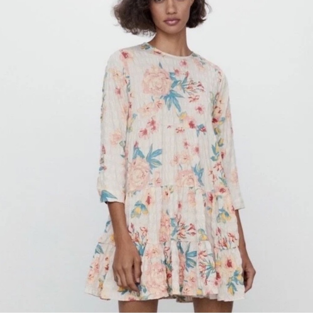 Zara Sharon 3/4 sleeve ruffle tiered floral dress multicolor pink green medium - Picture 1 of 7